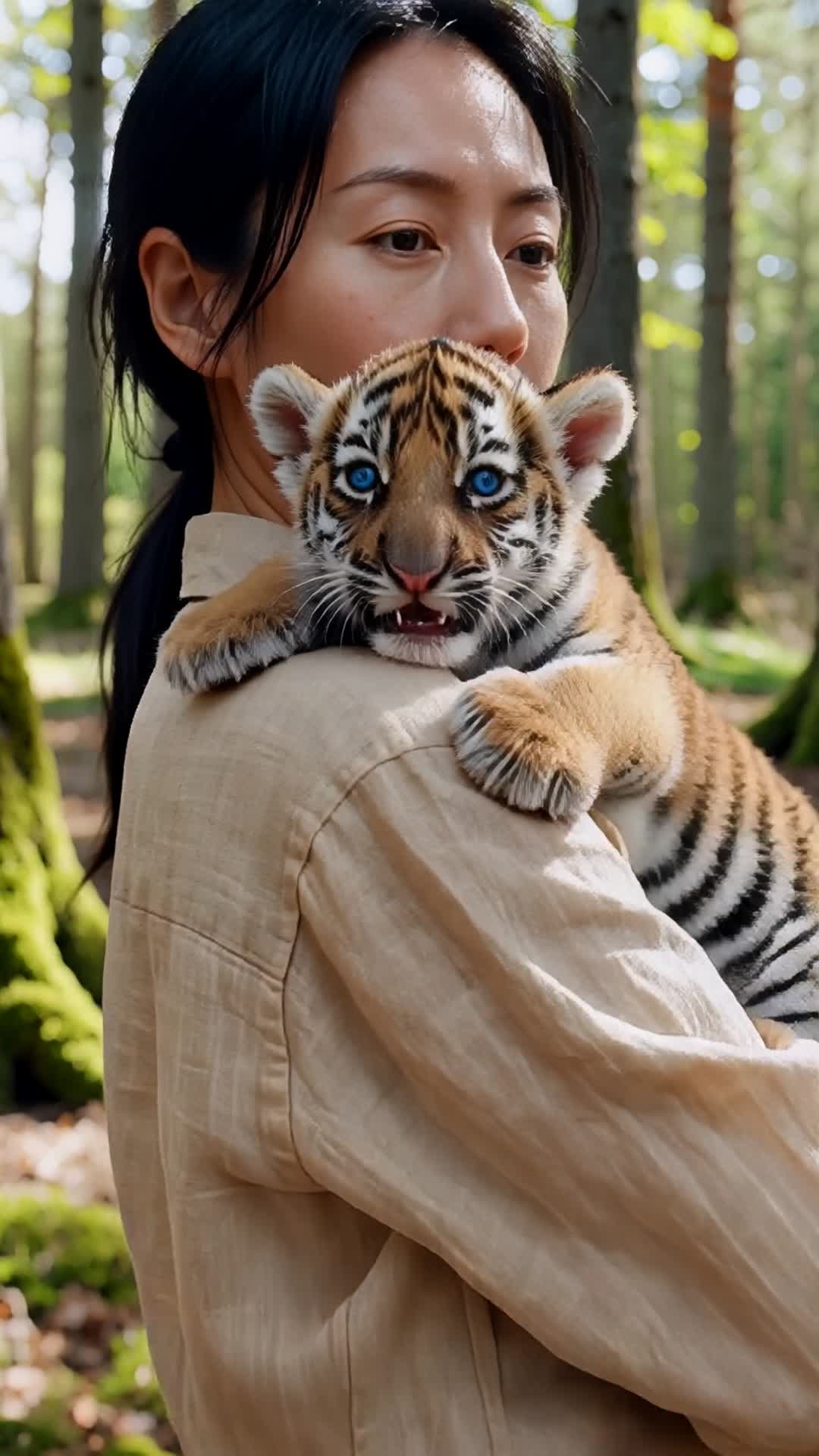 AI Woman With Tiger Cub Sleeping Peacefully On Shoulder