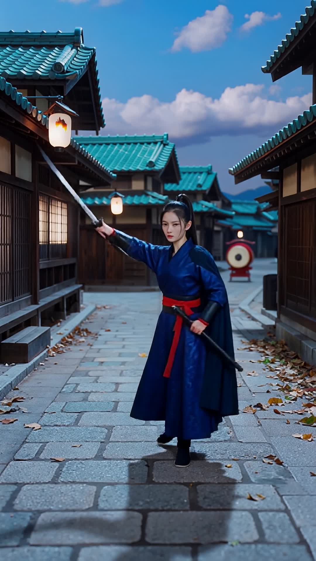 AI Samurai Girl Threatening Pose In Midnight Japanese Town