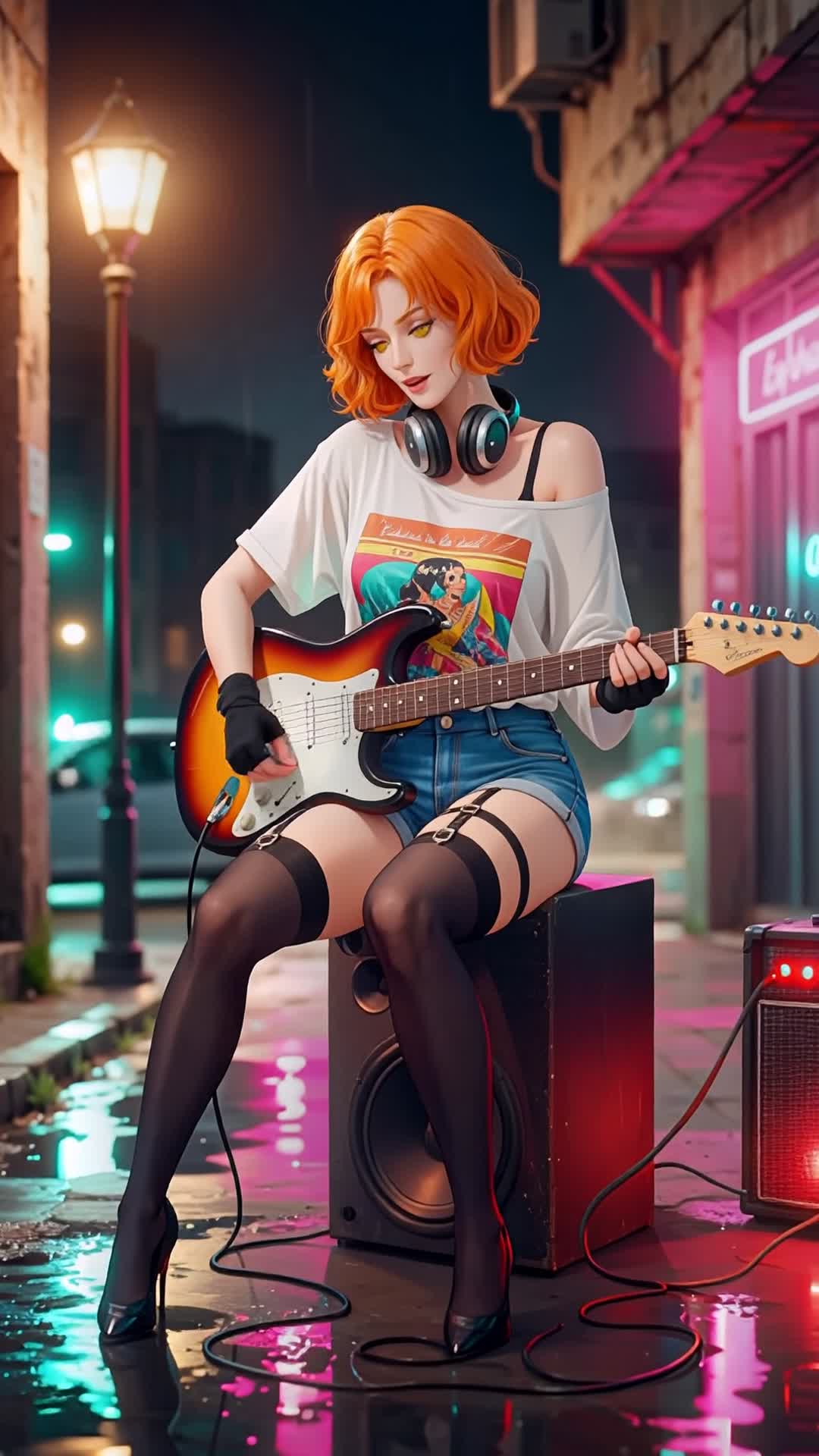 AI Beautiful Woman Playing Electric Guitar In Anime Style