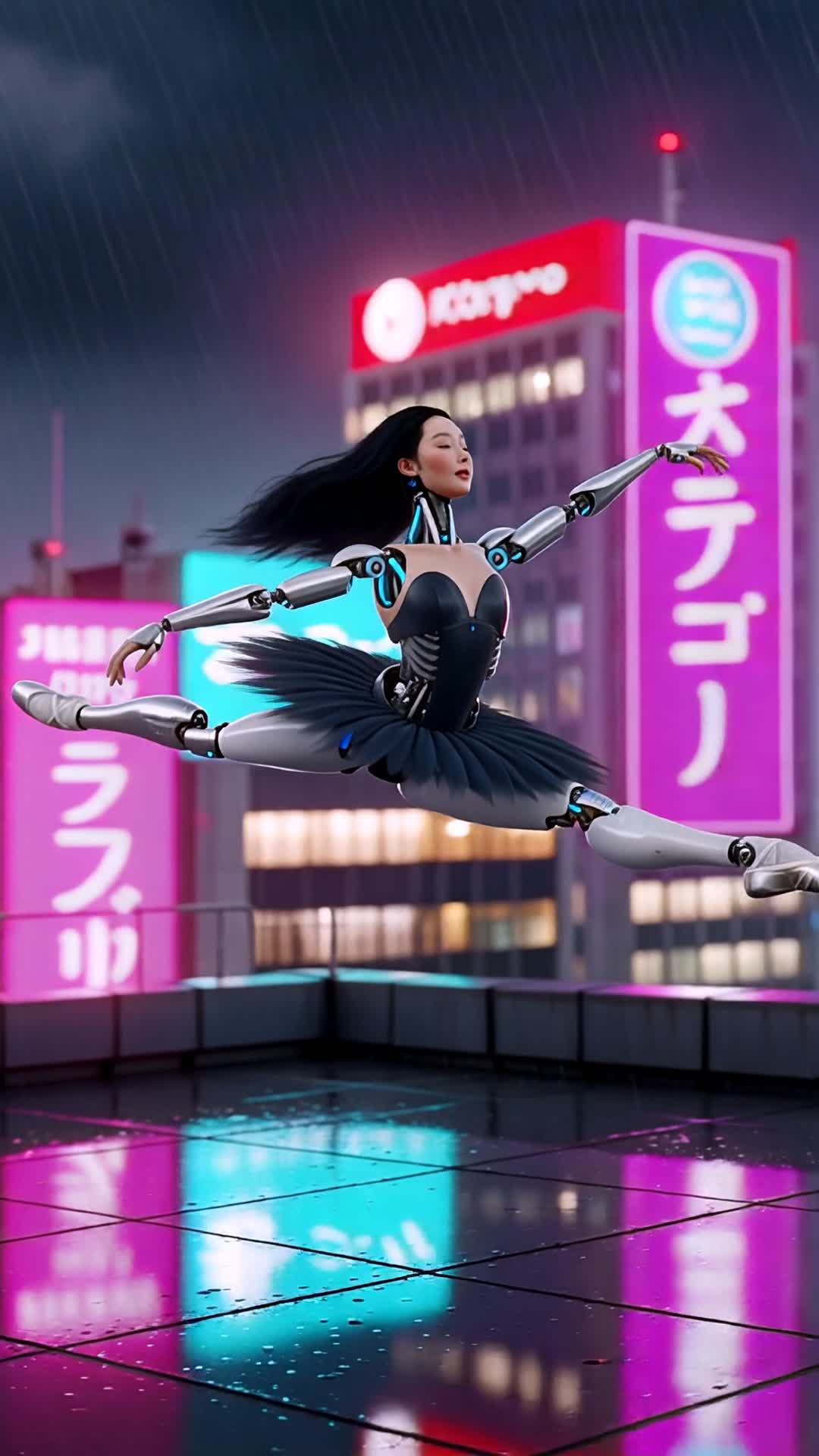 AI Futuristic Robotic Ballerina Grand Jet Rooftop Tokyo