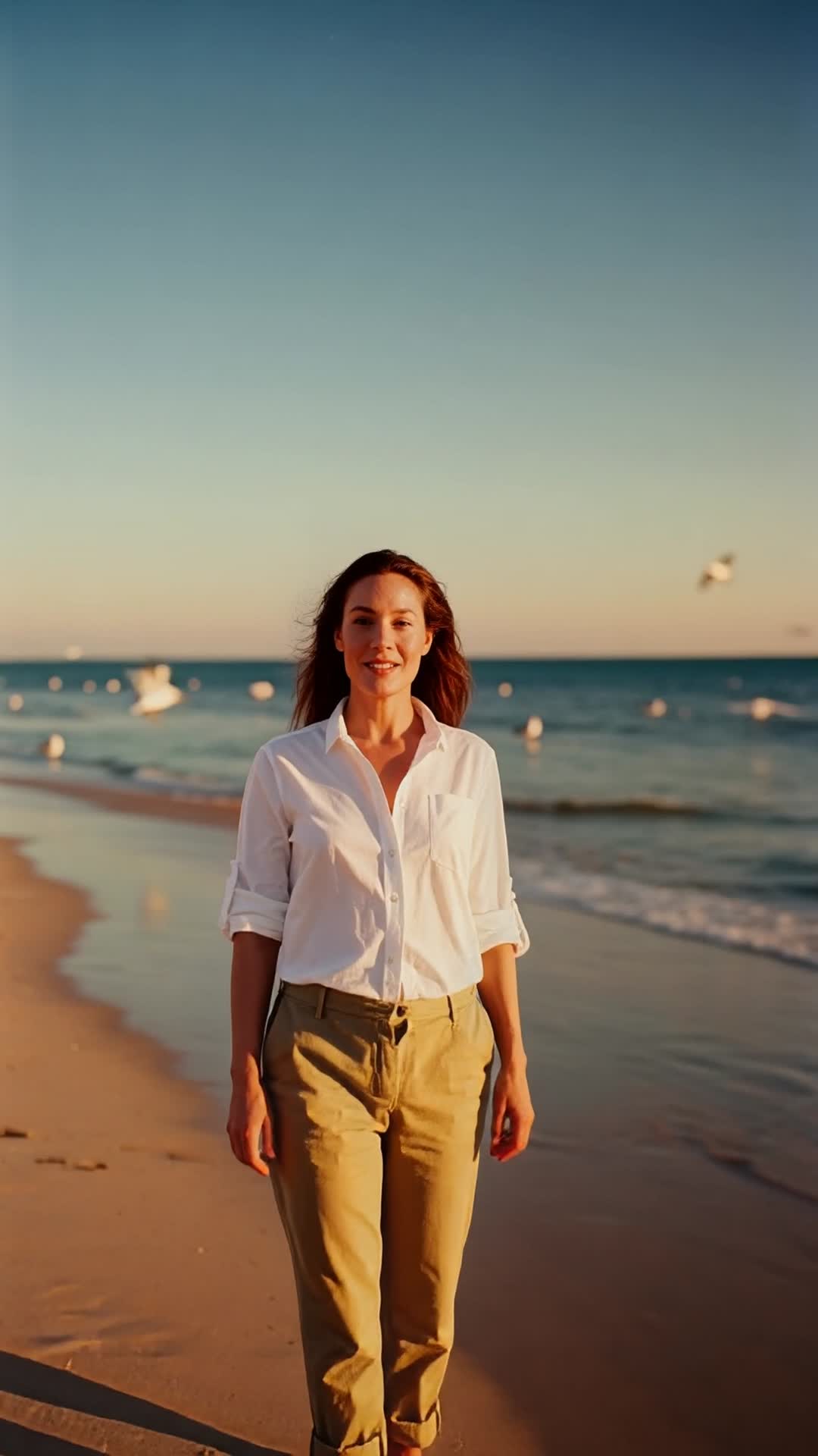 AI Woman Smiling In White Shirt Beach Scene Asking You